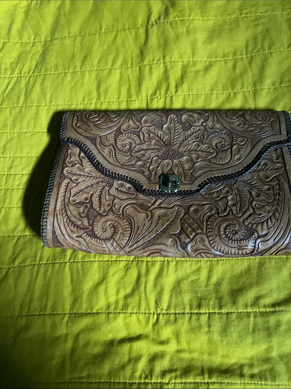 Hand-Tooled Floral Leather Clutch in Tan - Picture 1 of 4